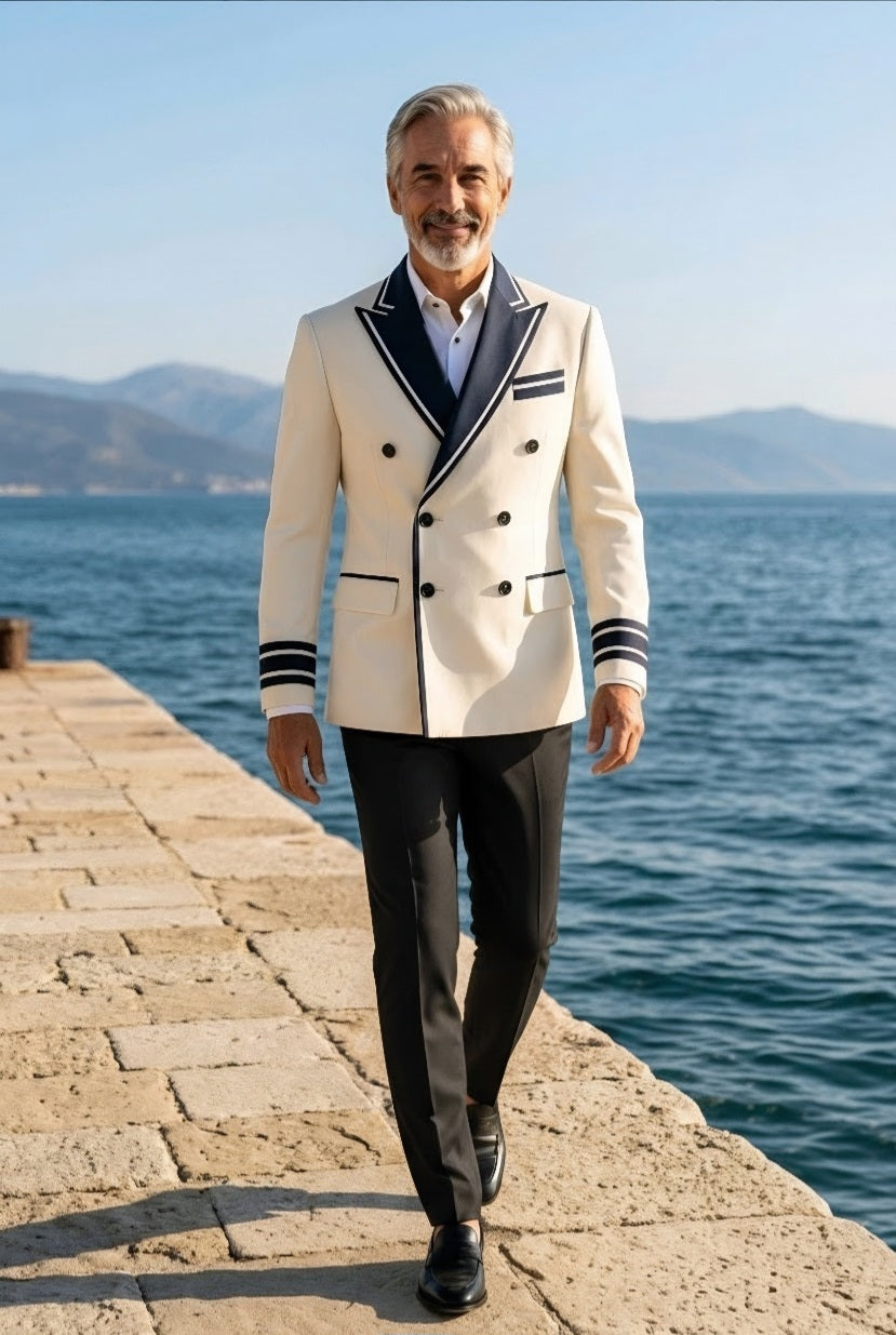 White/Navy Double Breasted Tuxedo Jacket and Black Formal Trousers