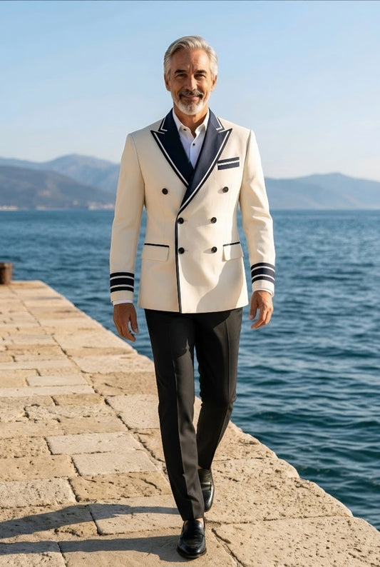 White/Navy Double Breasted Tuxedo Jacket and Black Formal Trousers