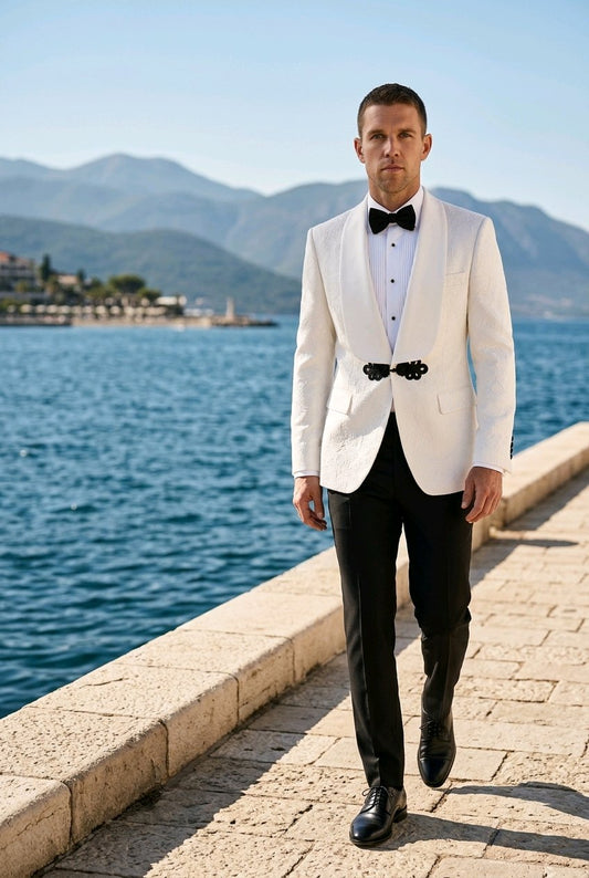 2pc White Single Breasted Tuxedo Jacket and Black Formal Trousers / Italian Pure Wool