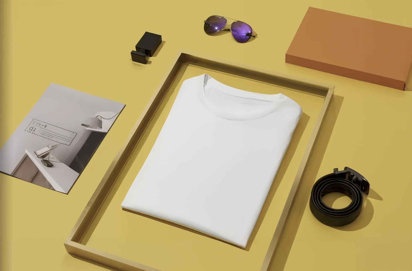 White t-shirt in a box with sunglasses, belt, and photo album on a yellow background