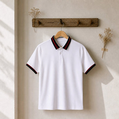 White and Green/Red Stripe Detail / Bespoke Cotton Short Sleeved Polo