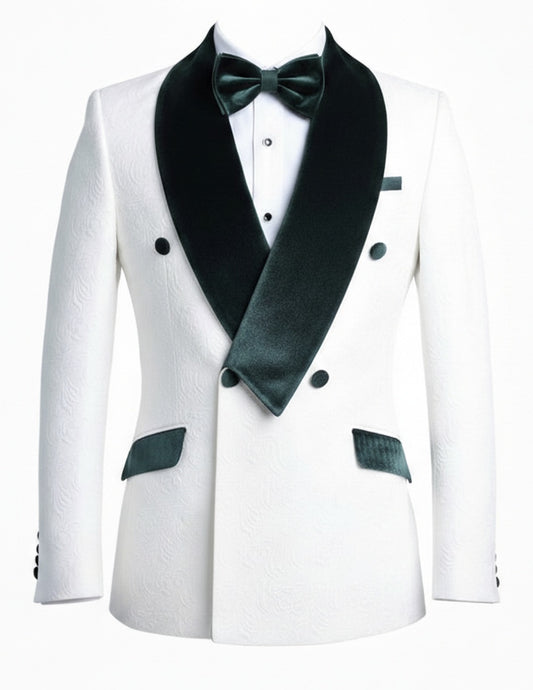 White tuxedo jacket with green Velvet lapels and bow tie on a white background