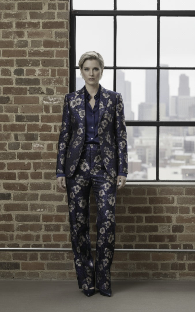 Person wearing a floral suit standing against a brick wall with a window view.