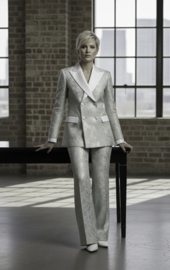 Woman in a gray suit standing in a room with large windows and brick walls.