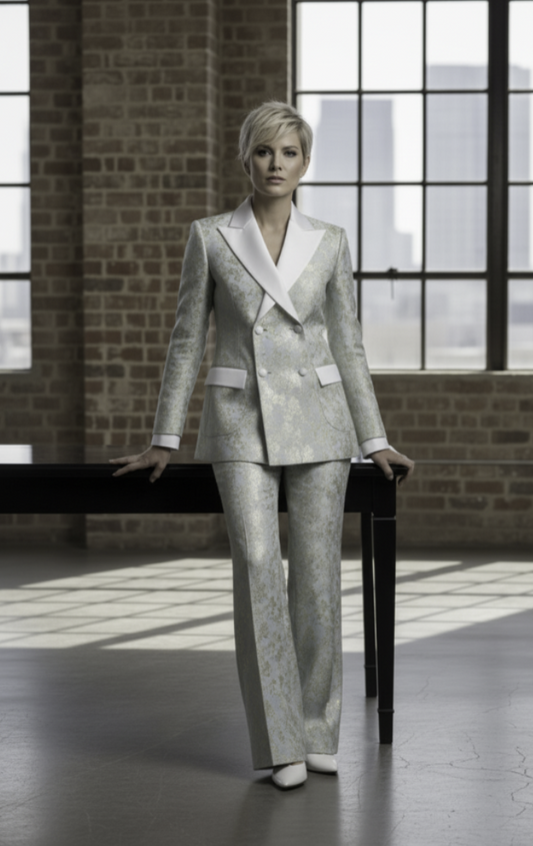 Woman in a light gray suit standing in a room with large windows and brick walls.