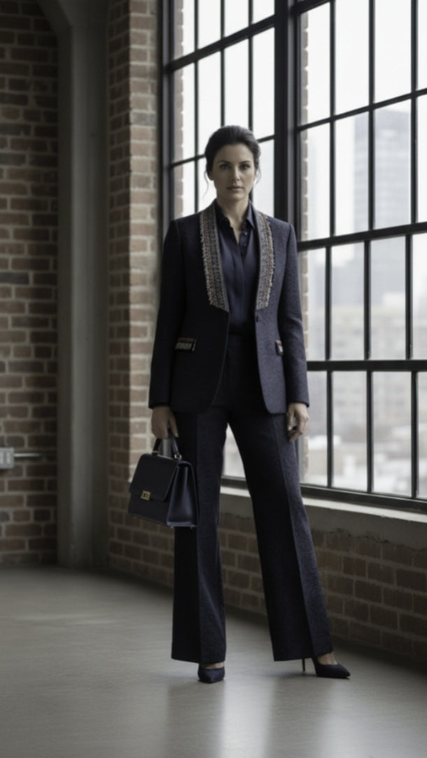 Person in a formal outfit standing by a large window with a brick wall background