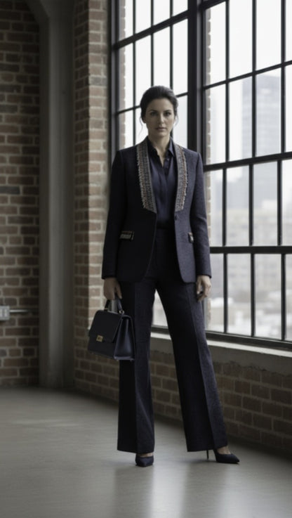 Person in a formal outfit standing by a large window with a brick wall background