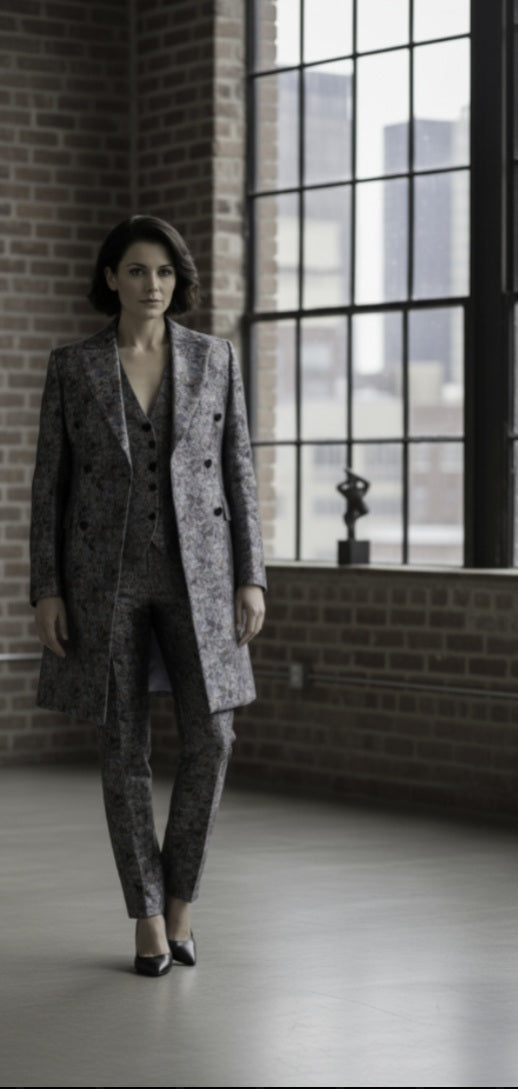 Woman in a gray suit standing in a room with large windows and brick walls.