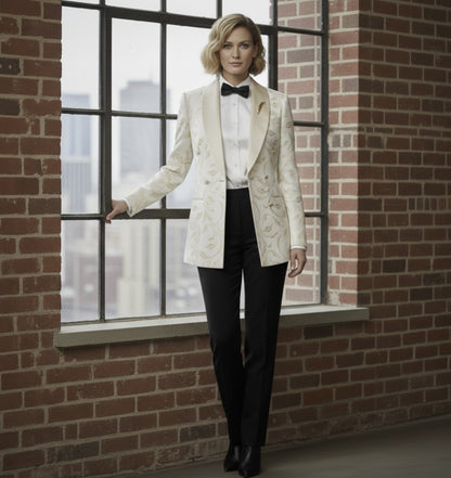 Woman in a white tuxedo standing in front of a large window with a cityscape view.