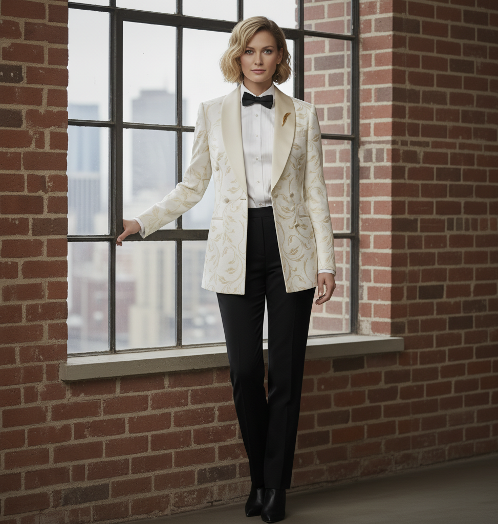 Woman in formal attire standing in front of a large window with a cityscape view.