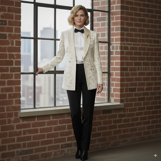 Woman in formal attire standing in front of a large window with a cityscape view.