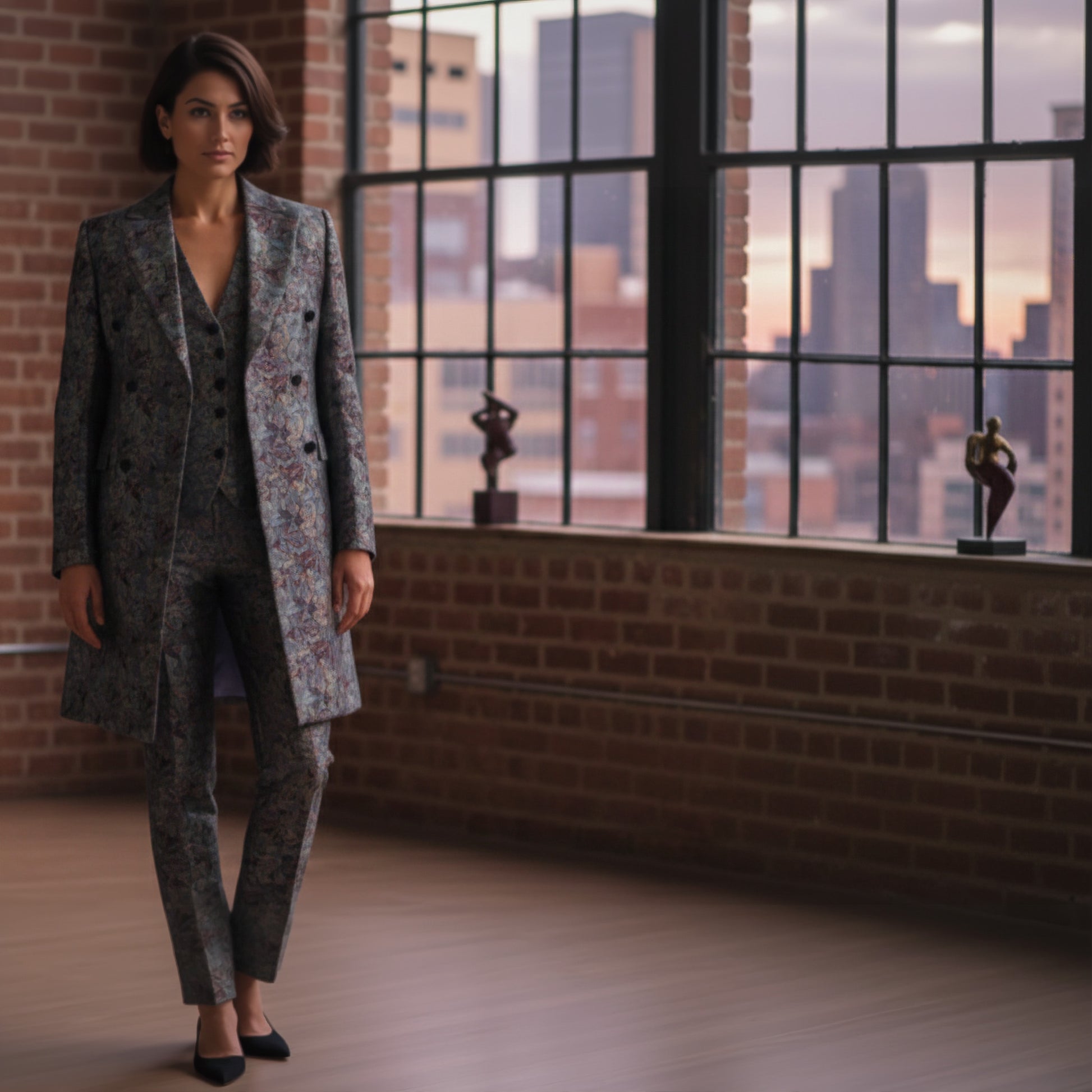 Woman in a gray suit standing in a room with large windows and brick walls.