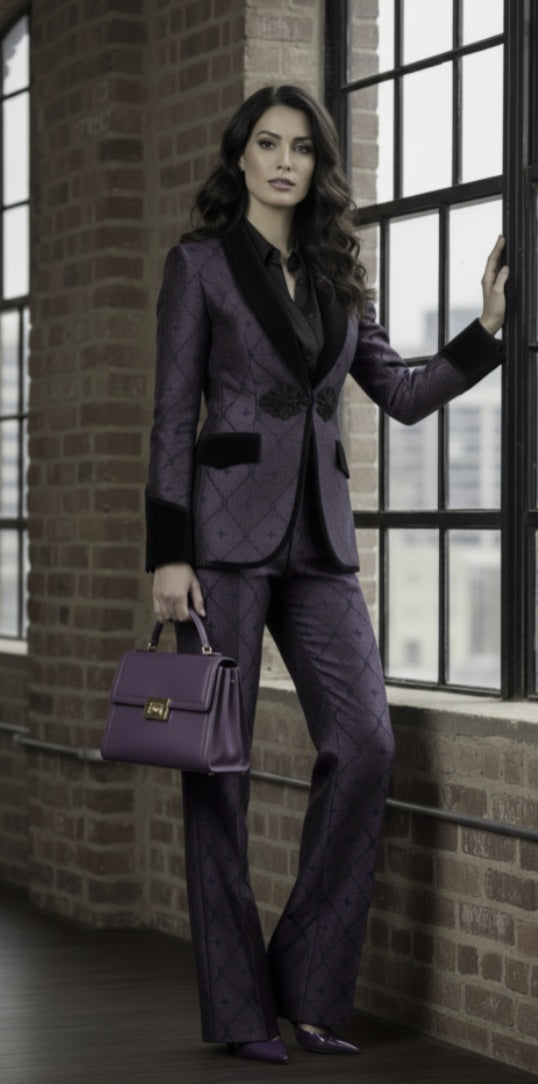 Woman in a purple suit standing against a brick wall with large windows.