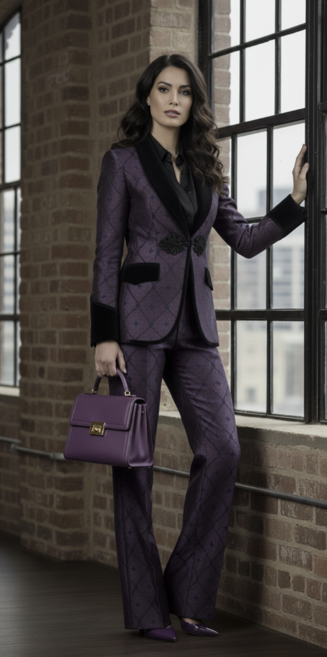Woman in a purple suit standing in a room with brick walls and large windows.