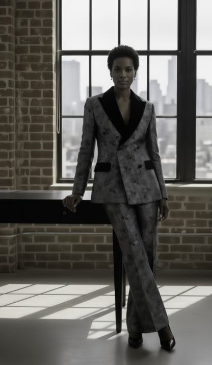 Person wearing a patterned suit standing in front of large windows with a cityscape view.