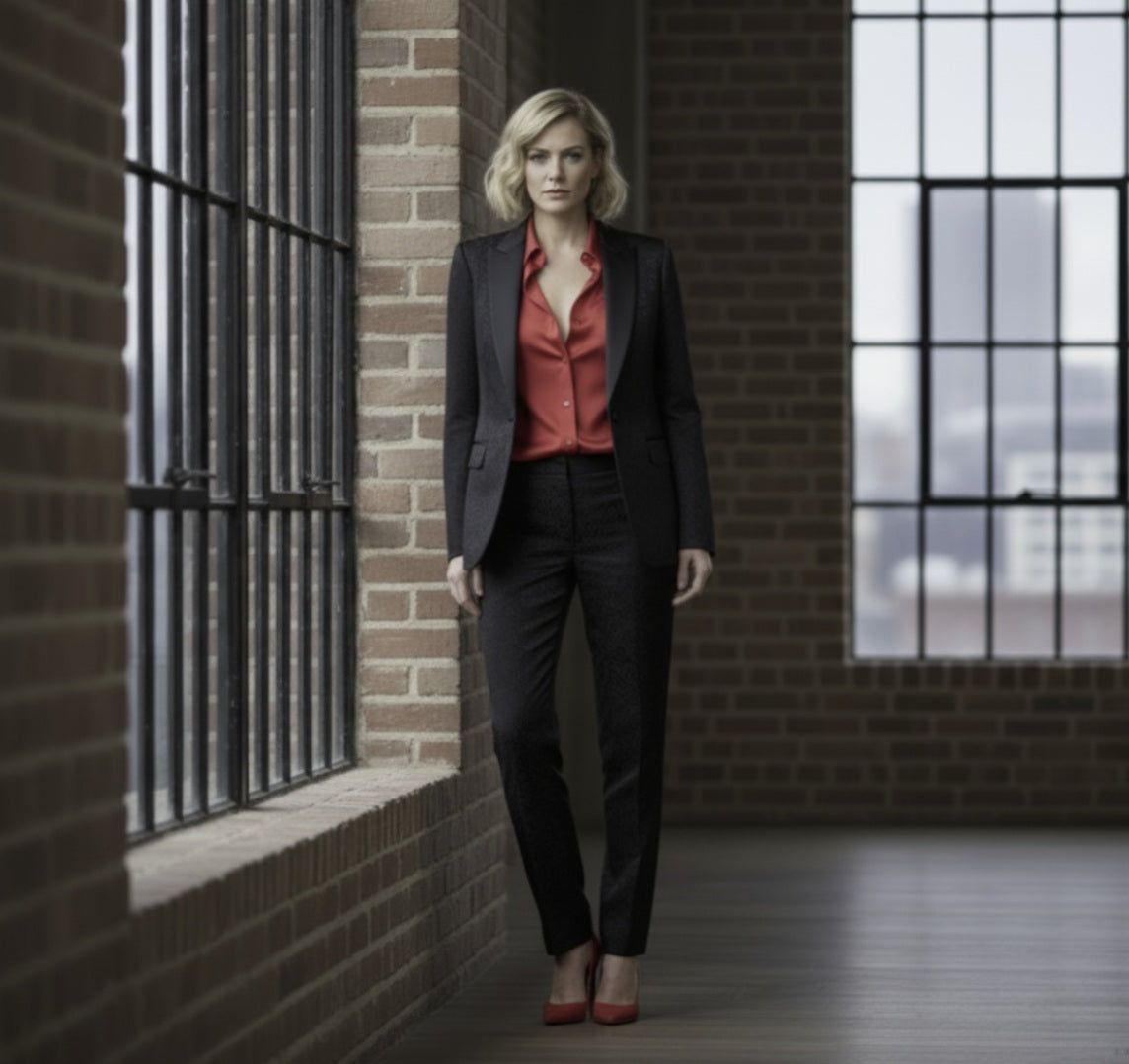 Woman in a black suit and red blouse standing in a room with brick walls and large windows.