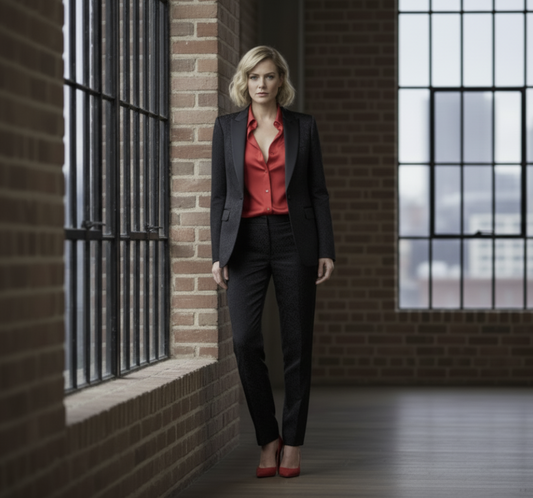 Woman in a black suit and red blouse standing in a brick-walled room with large windows.