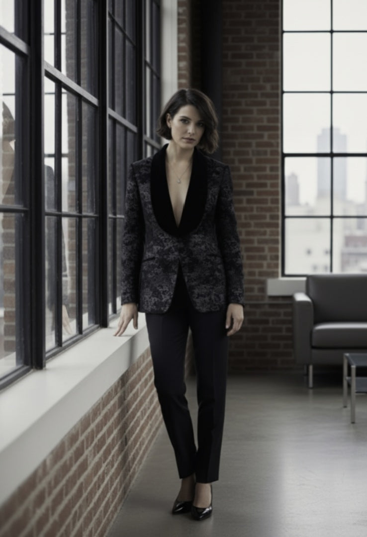 Woman in a patterned blazer standing in a modern room with large windows.