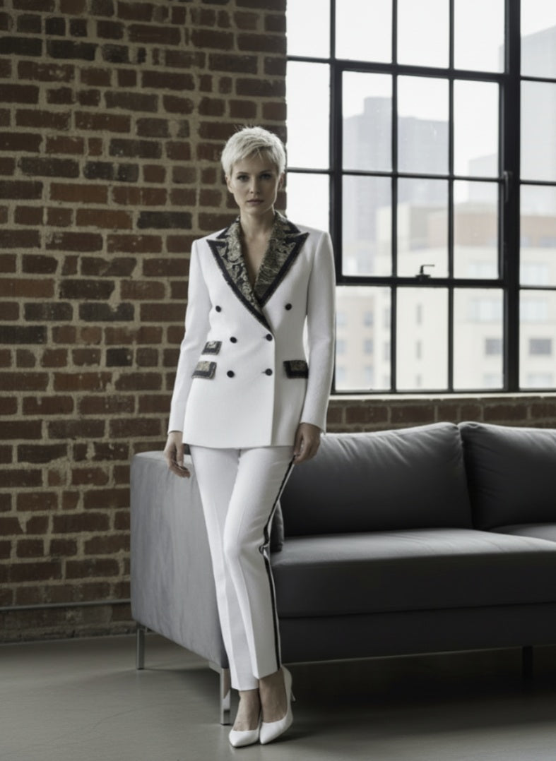 Women's Tuxedo White and Gold/ Black Jacquard Jacket / Style Number J39224/220