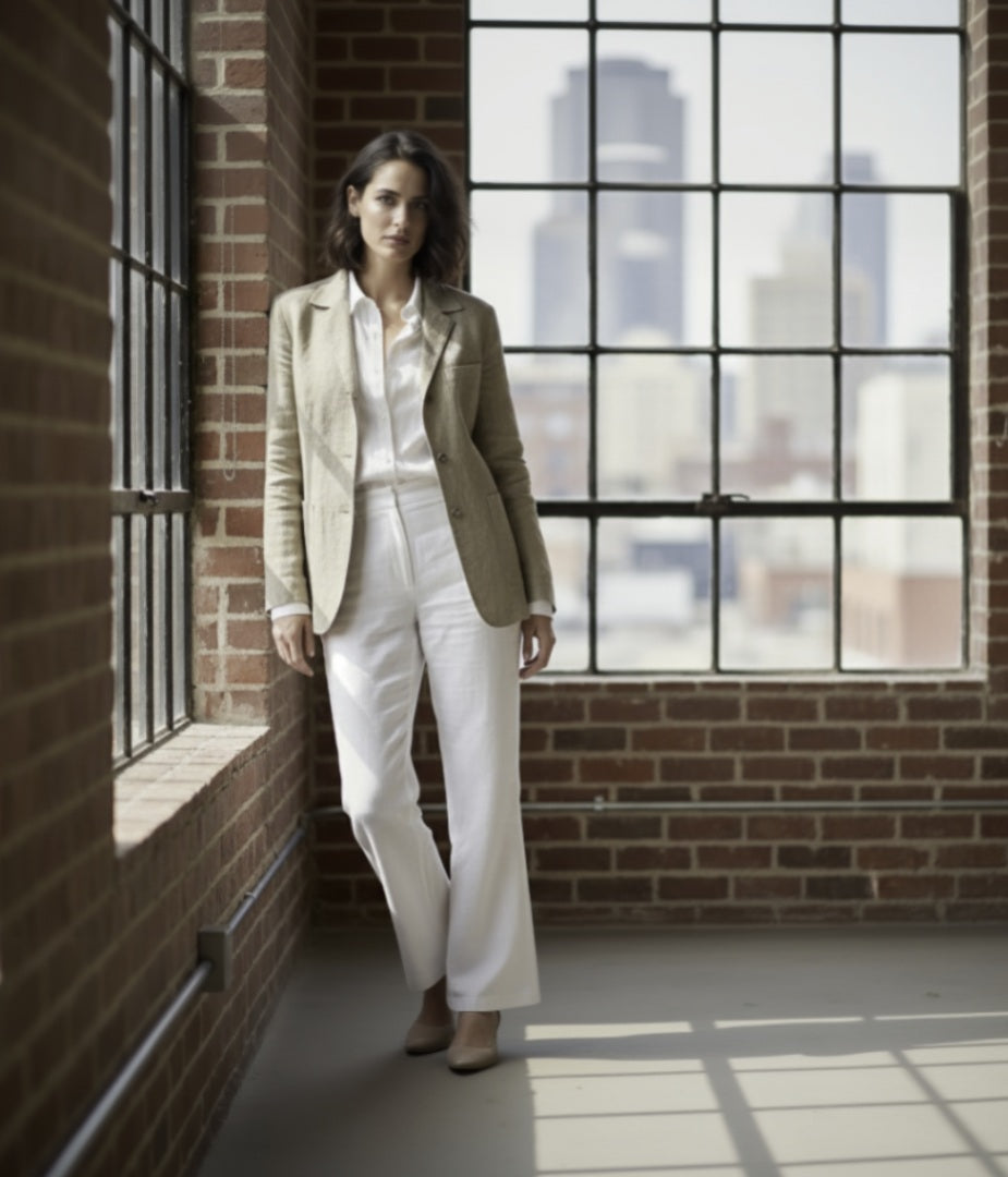 Woman in a beige blazer and white pants standing in front of large windows with a cityscape view.