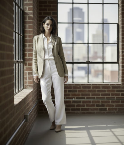 Woman in a beige blazer and white pants standing in front of large windows with a cityscape view.