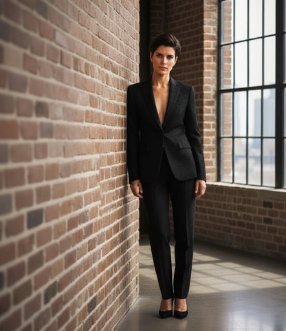 Woman in a black suit standing against a brick wall with large windows.