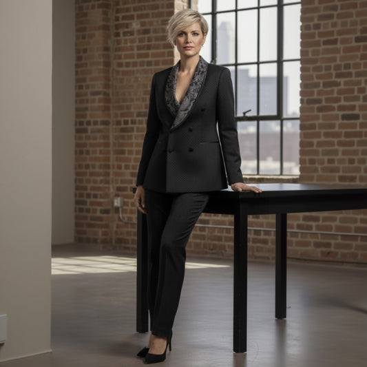 Woman in a black suit standing in an industrial-style room with brick walls and large windows.