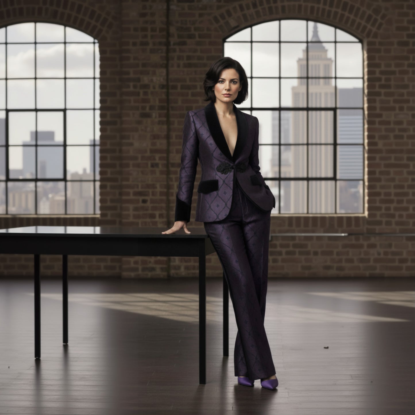 Woman in a dark purple suit standing in a room with brick walls and large windows.