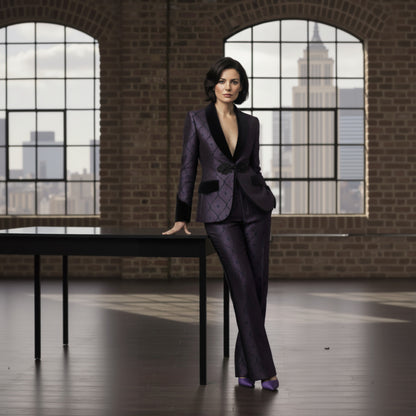 Woman in a dark purple suit standing in a room with brick walls and large windows.