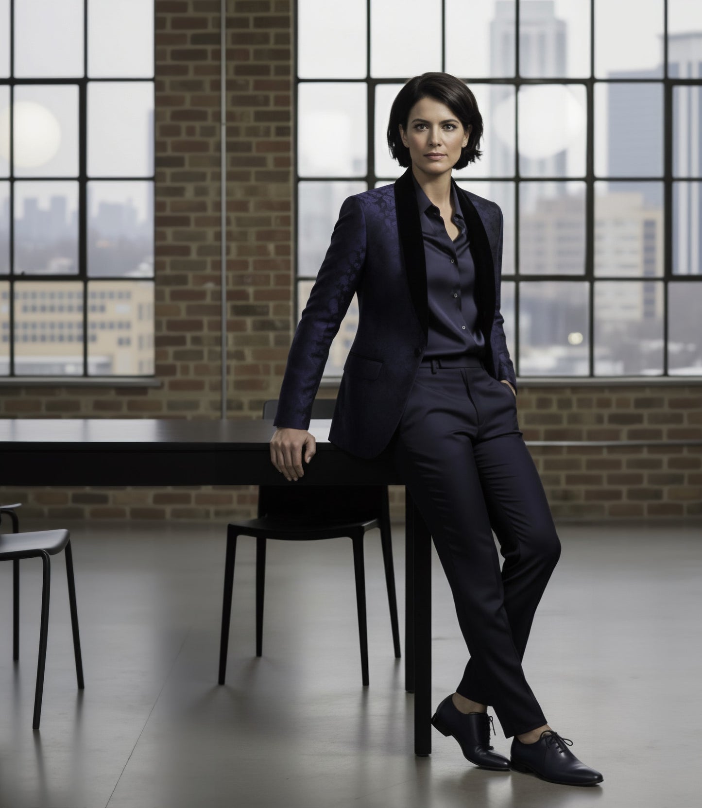 Woman in a dark suit sitting on a chair in a room with large windows and brick walls.