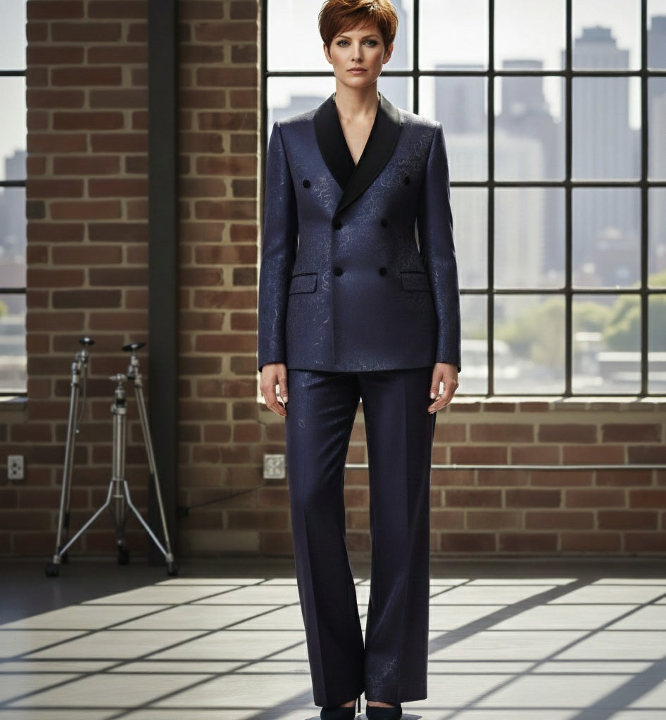 Woman in a dark suit standing in a room with large windows and a cityscape view.