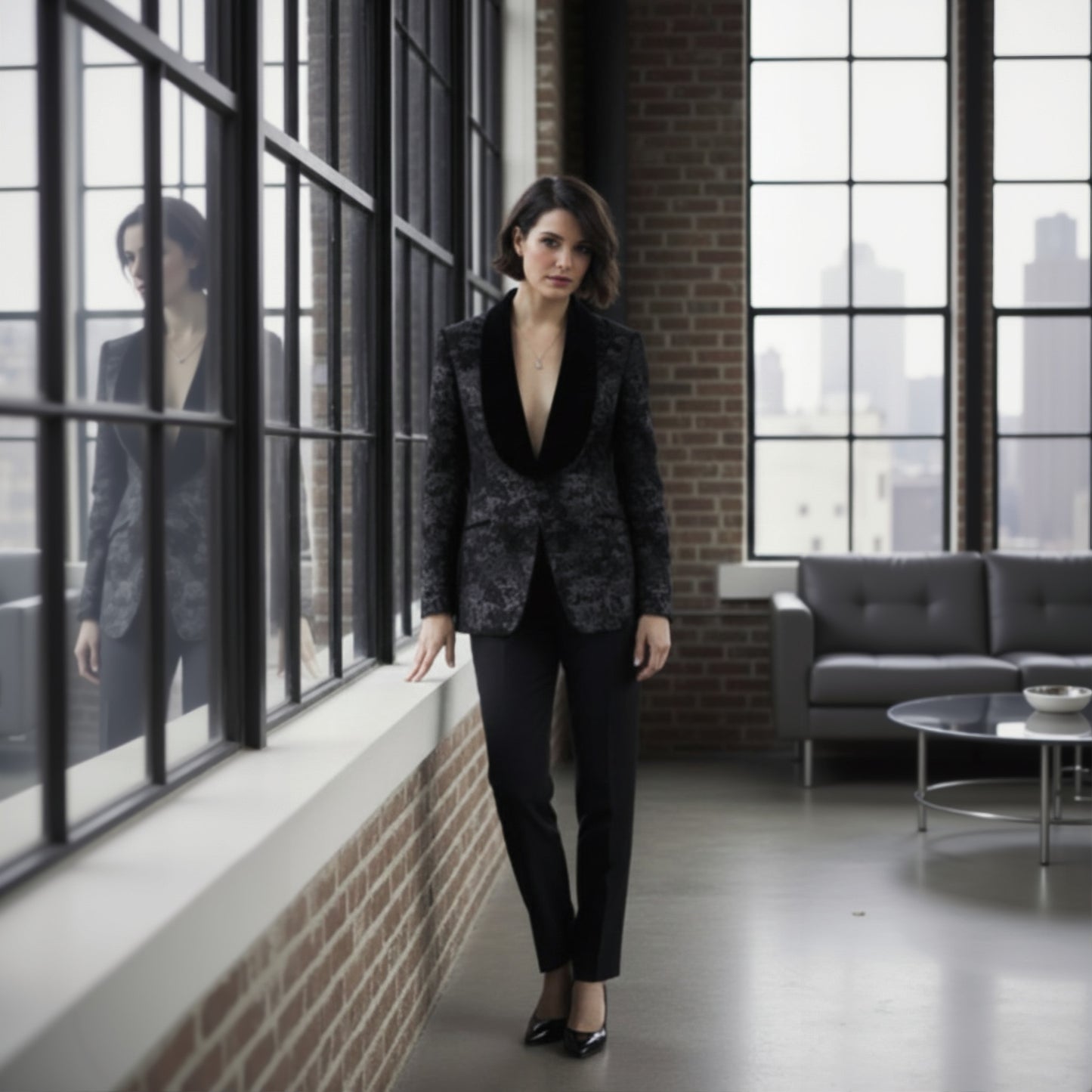 Woman in a patterned blazer standing in a modern room with large windows.