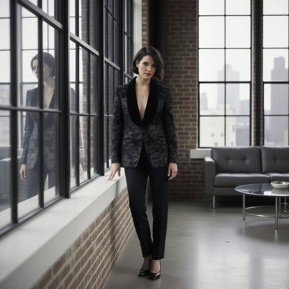 Woman in a patterned blazer standing in a modern room with large windows.