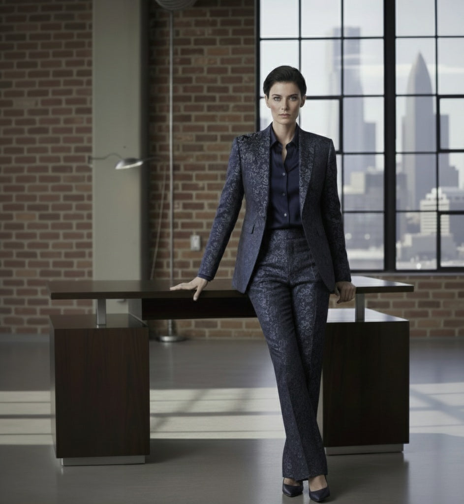 Woman in a professional outfit standing in an office with large windows.