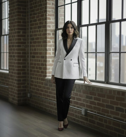 Woman in a white blazer with black lapels standing by a large window in an urban setting.