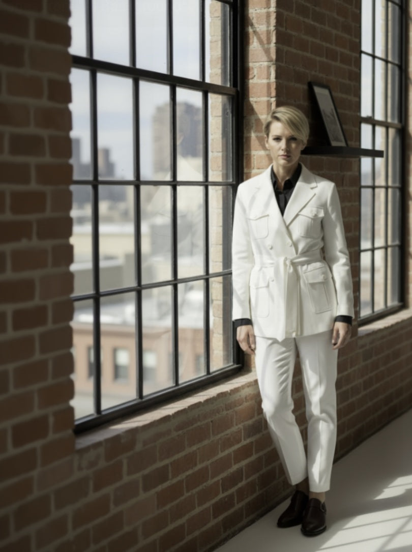 Woman in a white suit standing by a large window with a brick wall background