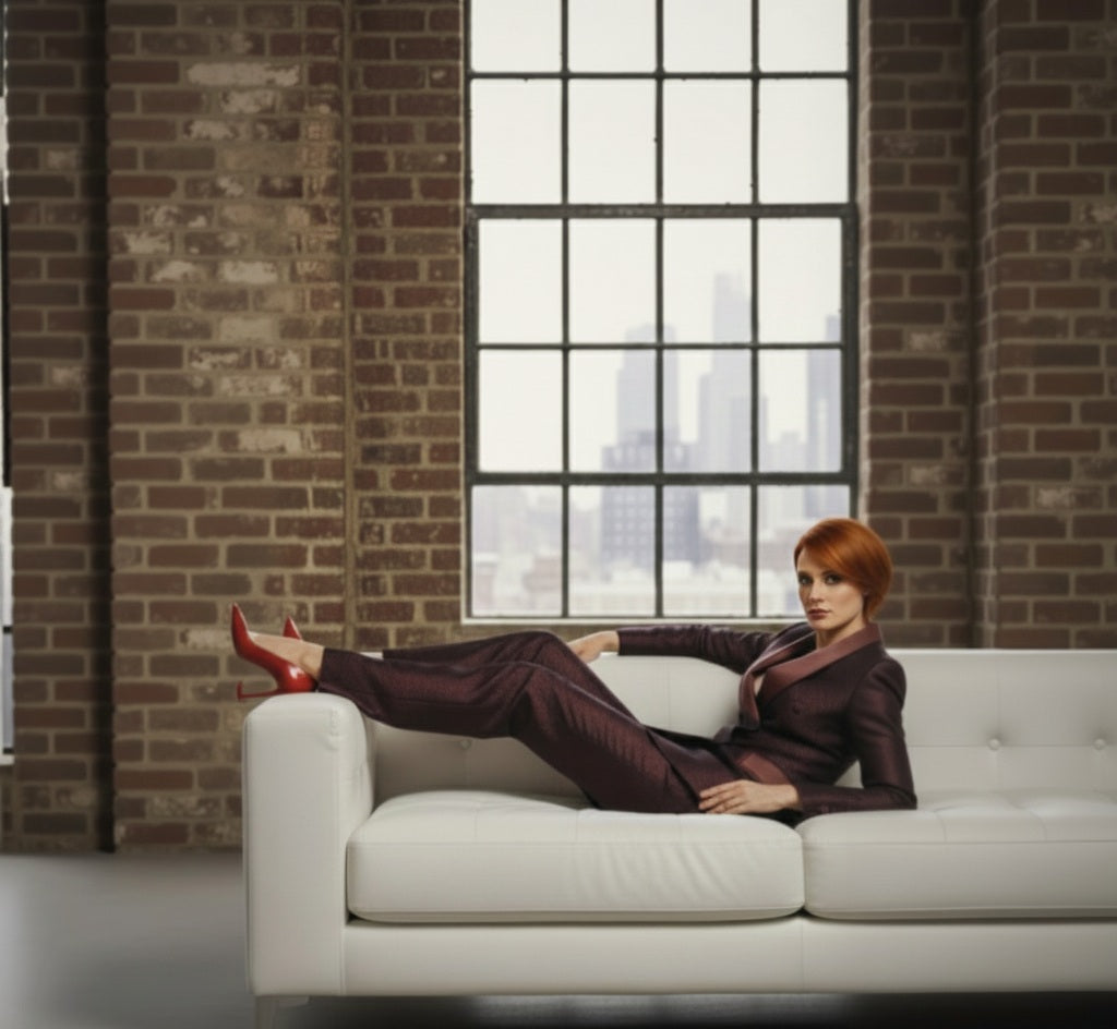 Woman sitting on a white couch in a room with brick walls and large windows.