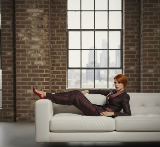 Woman sitting on a white couch in a room with brick walls and large windows.