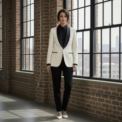 Woman wearing a white blazer with black lapels and trim in a room with large windows and brick walls.