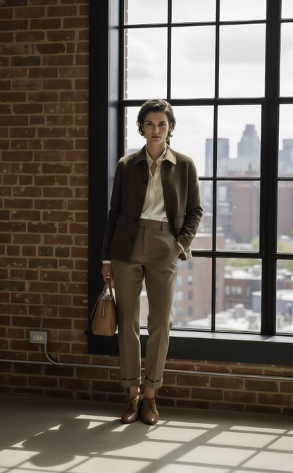 Women in a stylish outfit standing in a room with large windows and a brick wall.