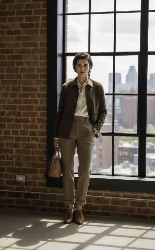 Women in a stylish outfit standing in a room with large windows and a brick wall.