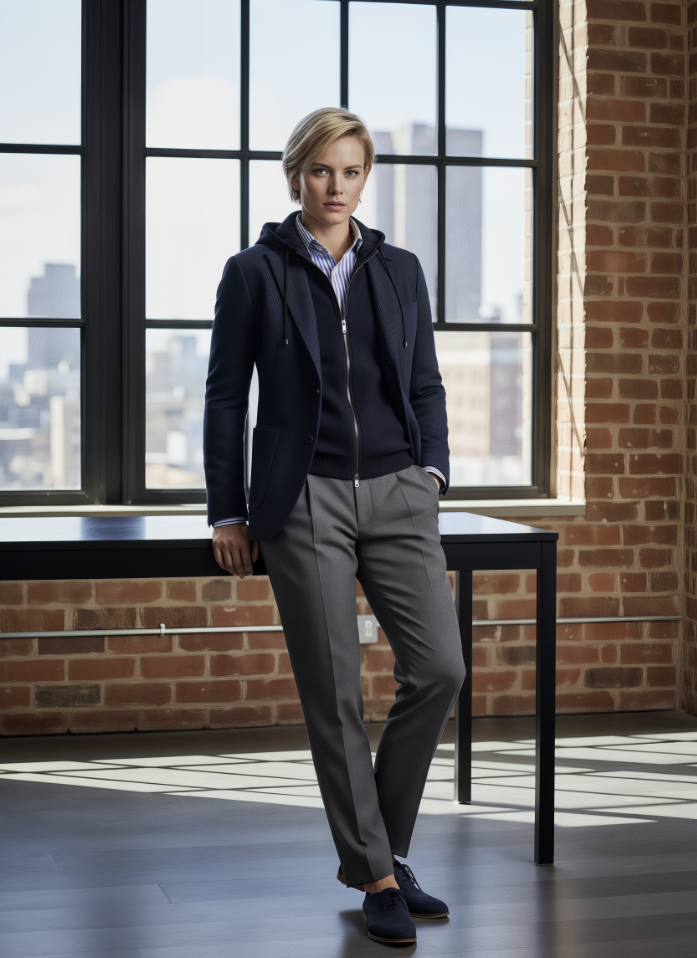  standing in a room with large windows and brick walls.