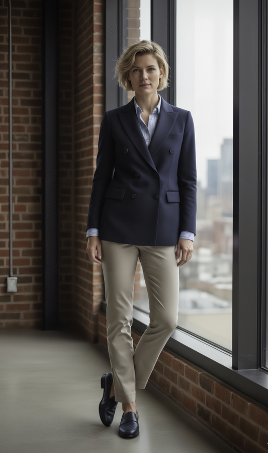 Woman in a navy blazer and beige pants standing by a window with a cityscape view.