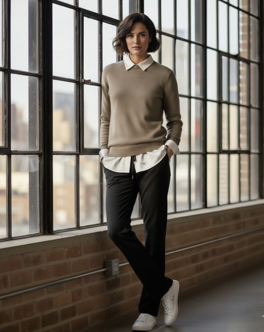 Women's Beige Crew Neck 10% Cashmere 90% Wool Plain Knit