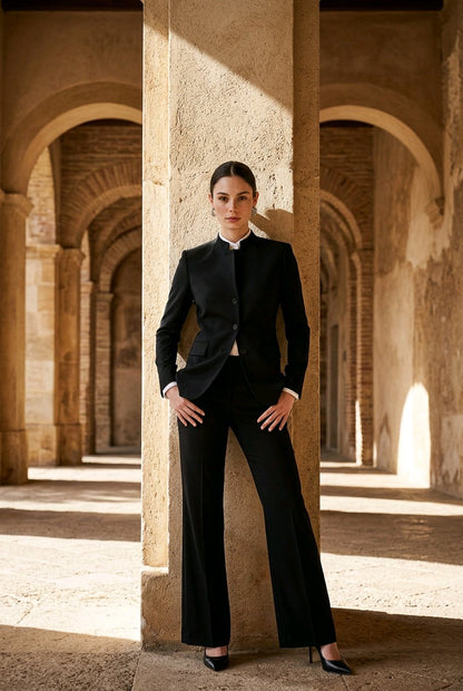 Women's Black Nehru Evening Jacket Plus Black Wool Matching Trousers