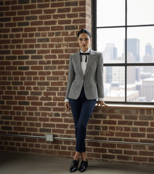 Woman in a gray blazer and black bow tie standing against a brick wall with a cityscape view.