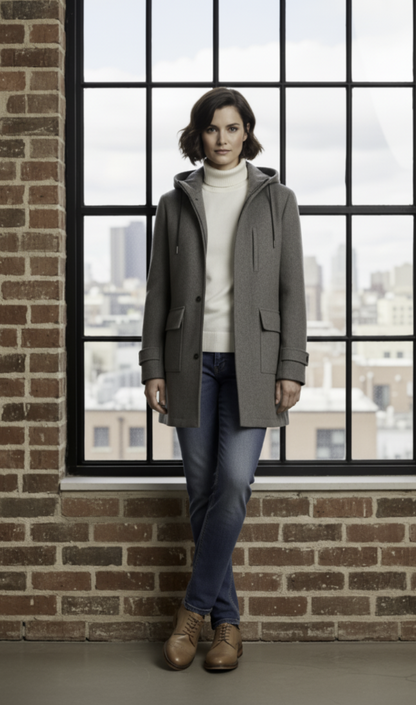 Person wearing a grey coat standing in front of a large window with a cityscape view.