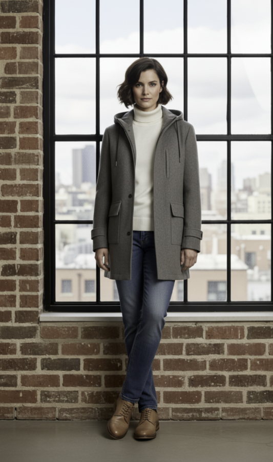 Person wearing a grey coat standing in front of a large window with a cityscape view.