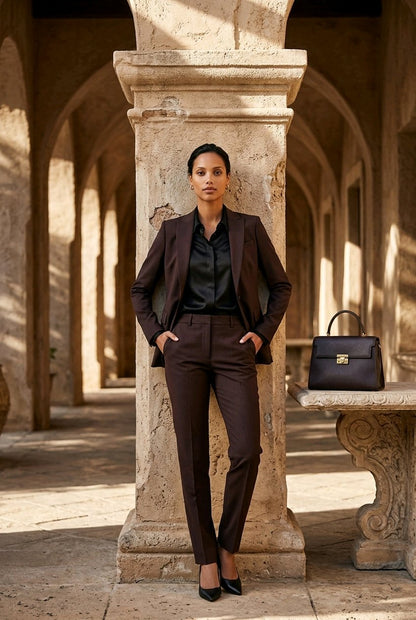 Women's Brown Puppytooth Single Breasted / Two Piece Suit Italian Pure Wool Super 110'S