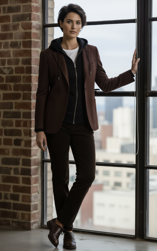 Person wearing a brown jacket and black pants standing by a large window with a cityscape view.
